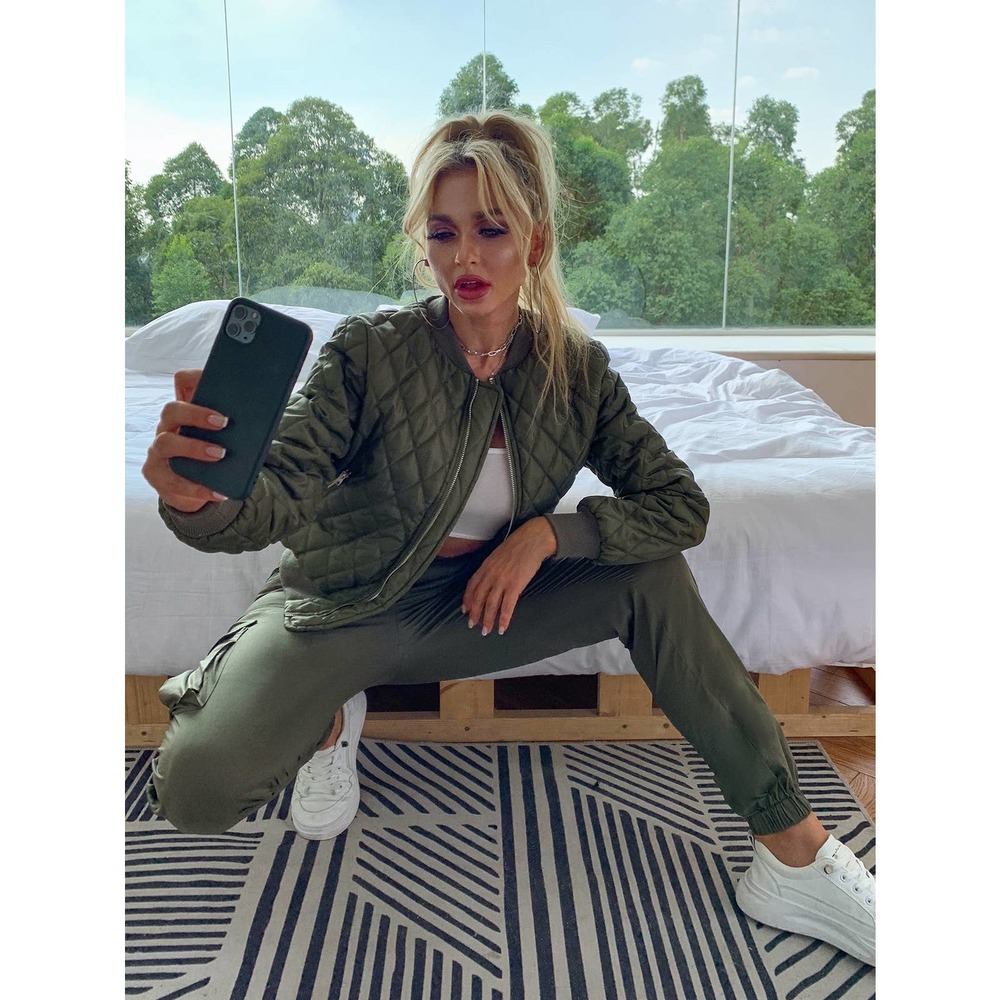 Glam Zip Up Quilted Bomber Jacket olive green - Picture 5 of 8
